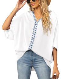 Luisa | Damen Oversized Tunika V-Ausschnitt Geometrisches Stickerei-Oberteil in Weiß