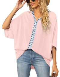 Luisa | Damen Oversized Tunika V-Ausschnitt Geometrisches Stickerei-Oberteil in Pink