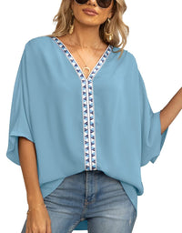 Luisa | Damen Oversized Tunika V-Ausschnitt Geometrisches Stickerei-Oberteil in Dunkelblau