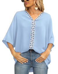 Luisa | Damen Oversized Tunika V-Ausschnitt Geometrisches Stickerei-Oberteil in Hellblau