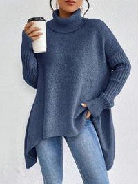 Greta | Damen Oversized Turtleneck Sweater mit geripptem Rollkragen und verlängertem Saum in Ozeanblau