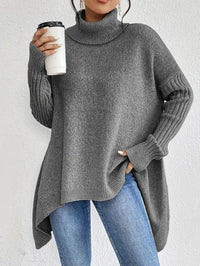 Greta | Damen Oversized Turtleneck Sweater mit geripptem Rollkragen und verlängertem Saum in Stein Grau