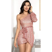 Emilia | Damen Pailletten Cocktailkleid Einschultrig Asymmetrisch Tailliert in Rosa