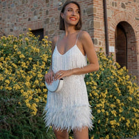 Johanna | Damen Pailletten-Fransen Cocktailkleid mit Federbesatz Mini in Weiß