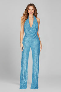 Elisabeth | Damen Pailletten-Jumpsuit Neckholder Weite Beine Cowl-Ausschnitt in Hellblau