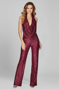Elisabeth | Damen Pailletten-Jumpsuit Neckholder Weite Beine Cowl-Ausschnitt in Burgund