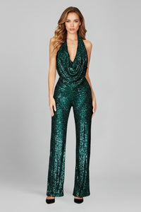 Elisabeth | Damen Pailletten-Jumpsuit Neckholder Weite Beine Cowl-Ausschnitt in Grün