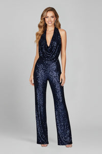 Elisabeth | Damen Pailletten-Jumpsuit Neckholder Weite Beine Cowl-Ausschnitt in Marineblau