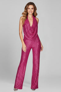 Elisabeth | Damen Pailletten-Jumpsuit Neckholder Weite Beine Cowl-Ausschnitt in Fuchsiarosa