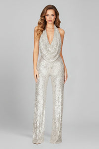 Elisabeth | Damen Pailletten-Jumpsuit Neckholder Weite Beine Cowl-Ausschnitt in Silber