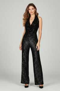 Elisabeth | Damen Pailletten-Jumpsuit Neckholder Weite Beine Cowl-Ausschnitt in Schwarz