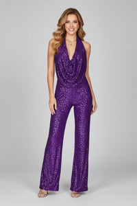 Elisabeth | Damen Pailletten-Jumpsuit Neckholder Weite Beine Cowl-Ausschnitt in Lila