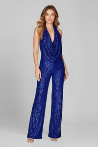 Elisabeth | Damen Pailletten-Jumpsuit Neckholder Weite Beine Cowl-Ausschnitt in Blau
