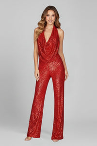 Elisabeth | Damen Pailletten-Jumpsuit Neckholder Weite Beine Cowl-Ausschnitt in Rot