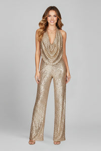 Elisabeth | Damen Pailletten-Jumpsuit Neckholder Weite Beine Cowl-Ausschnitt in Gold
