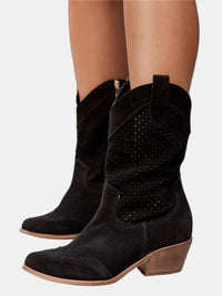 Clara | Damen Perforierte Knee High Boots Blockabsatz Wildlederoptik in Schwarz