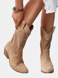 Clara | Damen Perforierte Knee High Boots Blockabsatz Wildlederoptik in Braun