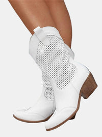 Clara | Damen Perforierte Knee High Boots Blockabsatz Wildlederoptik in Weiß