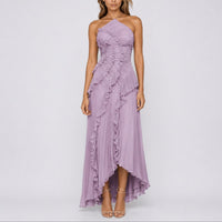 Luisa | Damen Plissee-Rüschen Neckholder Maxi-Kleid für Hochzeitsgäste im Herbst in Lila