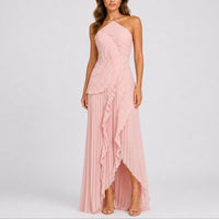 Luisa | Damen Plissee-Rüschen Neckholder Maxi-Kleid für Hochzeitsgäste im Herbst in Rosa