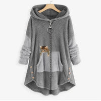 Lena | Damen Plüsch-Hoodie Sweatshirt Reißverschluss Katzen-Print Fleece in Grau