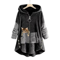Lena | Damen Plüsch-Hoodie Sweatshirt Reißverschluss Katzen-Print Fleece in Dunkelgrau