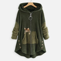 Lena | Damen Plüsch-Hoodie Sweatshirt Reißverschluss Katzen-Print Fleece in Grün