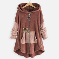 Lena | Damen Plüsch-Hoodie Sweatshirt Reißverschluss Katzen-Print Fleece in Rosa