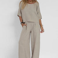 Marie | Damen Relaxed-Fit Leinen-Bluse Hose Set elegant bequem in Hellgrau