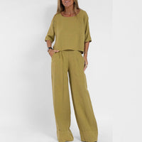 Marie | Damen Relaxed-Fit Leinen-Bluse Hose Set elegant bequem in Gelb