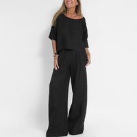 Marie | Damen Relaxed-Fit Leinen-Bluse Hose Set elegant bequem in Schwarz
