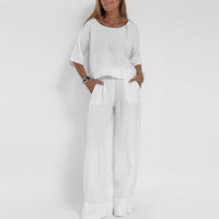 Marie | Damen Relaxed-Fit Leinen-Bluse Hose Set elegant bequem in Weiß