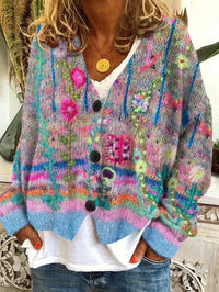 Marie | Damen Retro Blumen-Cardigan mit Knopfleiste in Buntem Strickdesign in Grau