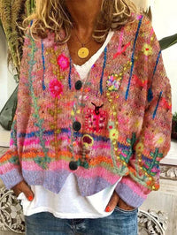 Marie | Damen Retro Blumen-Cardigan mit Knopfleiste in Buntem Strickdesign in Orange