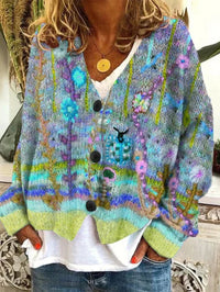 Marie | Damen Retro Blumen-Cardigan mit Knopfleiste in Buntem Strickdesign in Blau