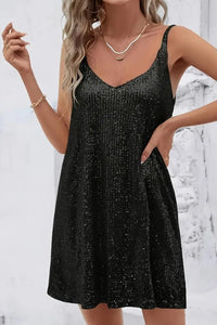 Johanna | Damen Ärmelloses Pailletten-Cocktailkleid V-Ausschnitt Mini in Schwarz