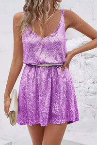 Johanna | Damen Ärmelloses Pailletten-Cocktailkleid V-Ausschnitt Mini in Lila