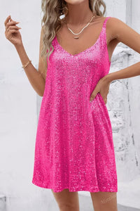 Johanna | Damen Ärmelloses Pailletten-Cocktailkleid V-Ausschnitt Mini in Rote Rose