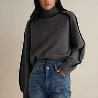 Sophie | Damen Rollkragen Oversized Strick Sweater mit Kontraststreifen in Grau
