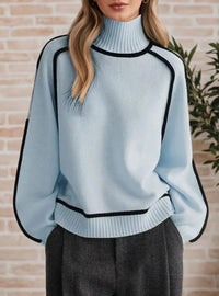 Sophie | Damen Rollkragen Oversized Strick Sweater mit Kontraststreifen in Blau