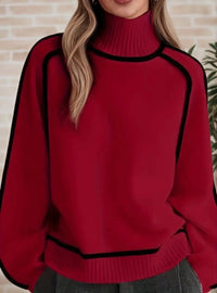 Sophie | Damen Rollkragen Oversized Strick Sweater mit Kontraststreifen in Rot