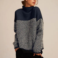Greta | Damen Rollkragen Pullover Oversized Strickpullover Fischgrätmuster in Marineblau