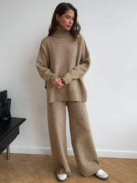 Damen Rollkragenpullover und Weite Hose Set mit Langen Ärmeln in Beige