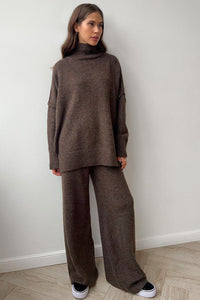 Damen Rollkragenpullover und Weite Hose Set mit Langen Ärmeln in Braun