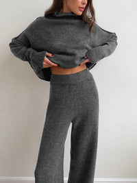 Damen Rollkragenpullover und Weite Hose Set mit Langen Ärmeln in Grau