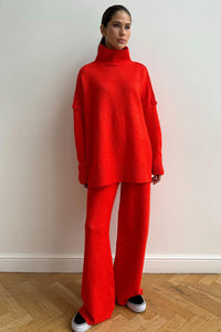 Damen Rollkragenpullover und Weite Hose Set mit Langen Ärmeln in Rot