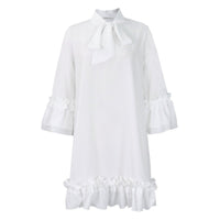 Annika | Damen Rüschen-Tunika-Minikleid mit Schleifenkragen in Weiß