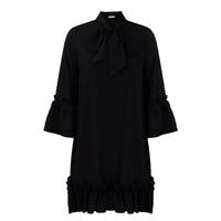 Annika | Damen Rüschen-Tunika-Minikleid mit Schleifenkragen in Schwarz