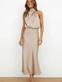 Marie | Damen Satin Cocktailkleid Elegant Schulterfrei Midi Abendkleid in Beige