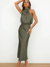 Marie | Damen Satin Cocktailkleid Elegant Schulterfrei Midi Abendkleid in Grün